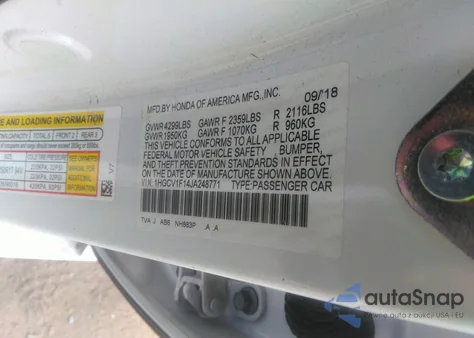 2018 Honda Accord Lx из США, поврежденный, VIN 1HGCV1F14JA248771